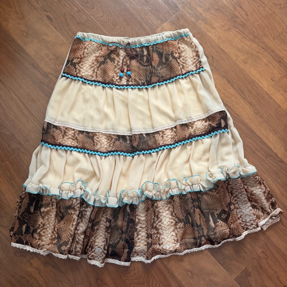 Vintage Boho Tiered Midi Skirt Cream Turquoise Snakeprint Western Festival Large